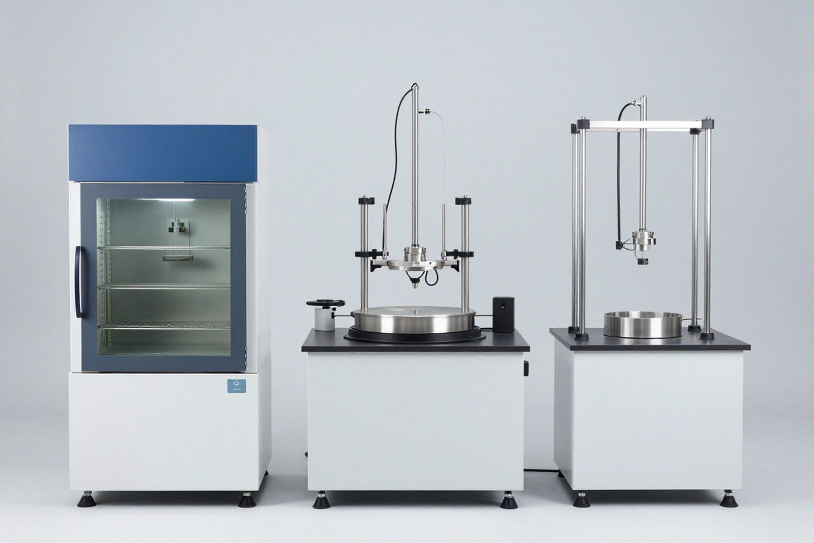 Three environmental testing devices sit side by side in the lab: a climatic chamber, a large vibration table, and a drop tester