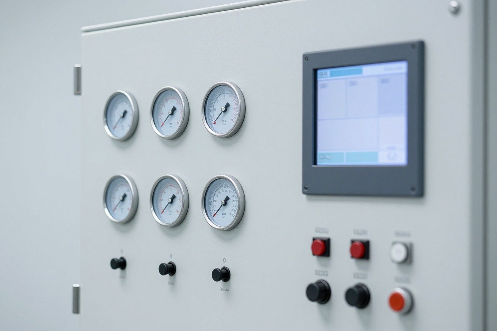 Close-up of the temperature test chamber control panel with round clock, digital display and mode selector switch
