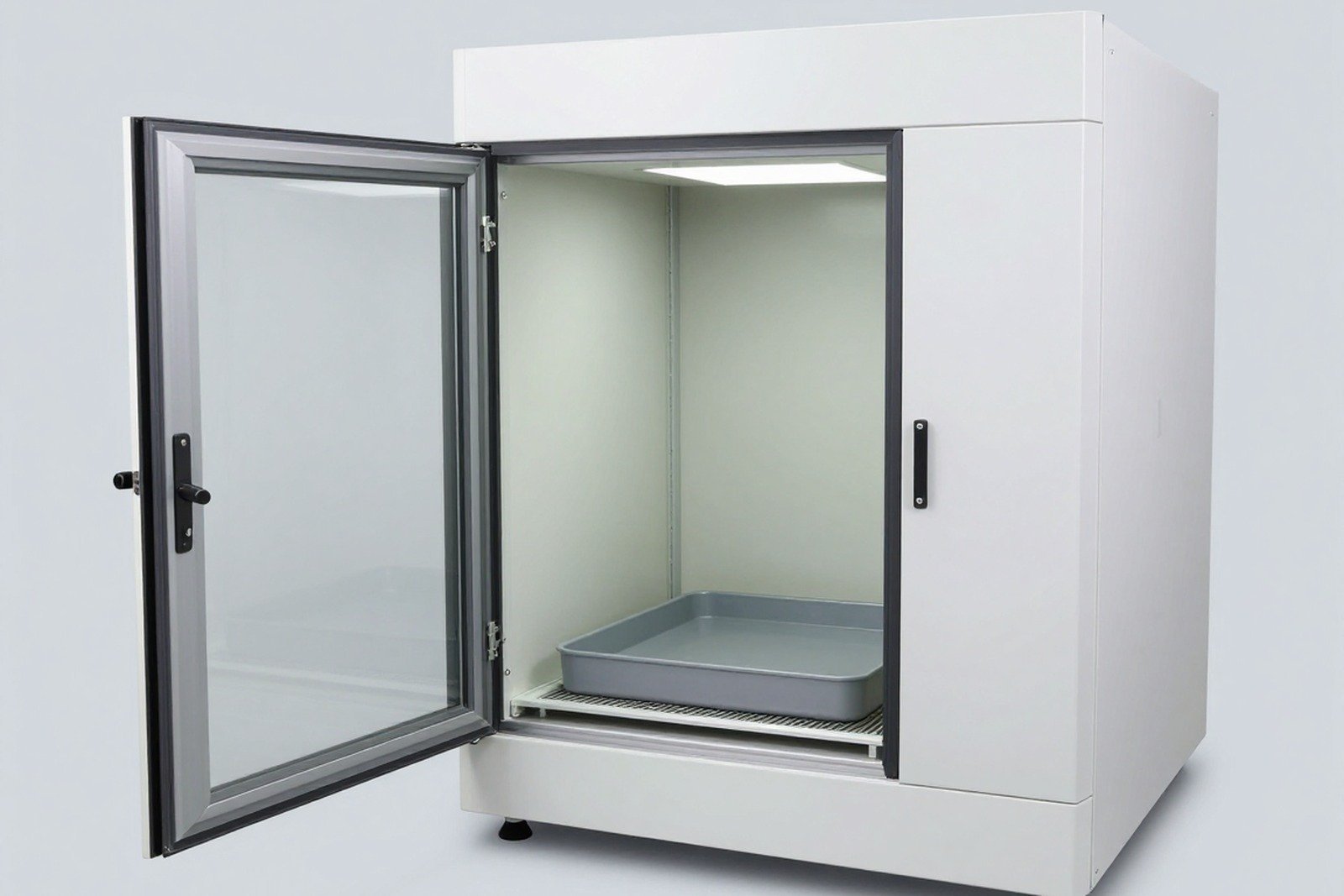 Climate chamber slightly open with gray sample tray, viewed from inside the environmental testing room