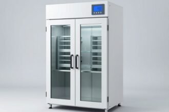 Buồng thử ẩm nóng độ chính xác cao với bộ điều khiển số và cửa kính đóng, khay mẫu màu xám bên trong