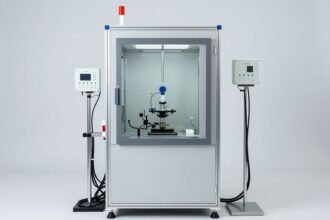 Buồng khí hậu với các cảm biến nhiệt độ và độ ẩm gắn trên khung đo bên trong, dây dẫn ra ngoài