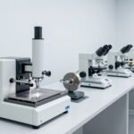 Phòng thí nghiệm mặt cắt với máy cắt mẫu chính xác, máy đúc nóng, bàn mài đánh bóng và kính hiển vi quang học xếp thành hàng — ảnh bìa bài Cross Section là gì