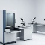 Khu vực kiểm tra điện tử với tủ X-ray, kính hiển vi quang học và kính hiển vi siêu âm quét đặt trên các bàn riêng — ảnh bìa bài so sánh cross section với các phương pháp khác