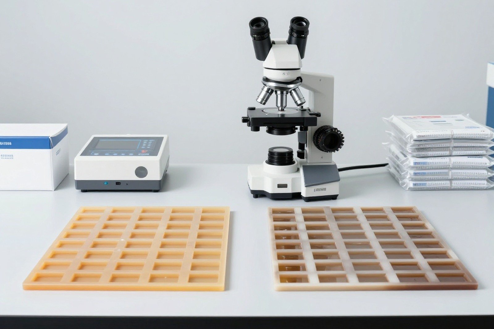Two sets of plastic molded circuit board samples placed side by side on a laboratory table with a microscope and measuring equipment - cover image of two laboratories testing two different results