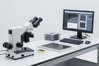 Bàn phân tích void BGA với mẫu linh kiện bi cầu đúc nhựa, kính hiển vi và màn hình ảnh xám — ảnh bìa bài IPC-7095 tiêu chí void cho BGA