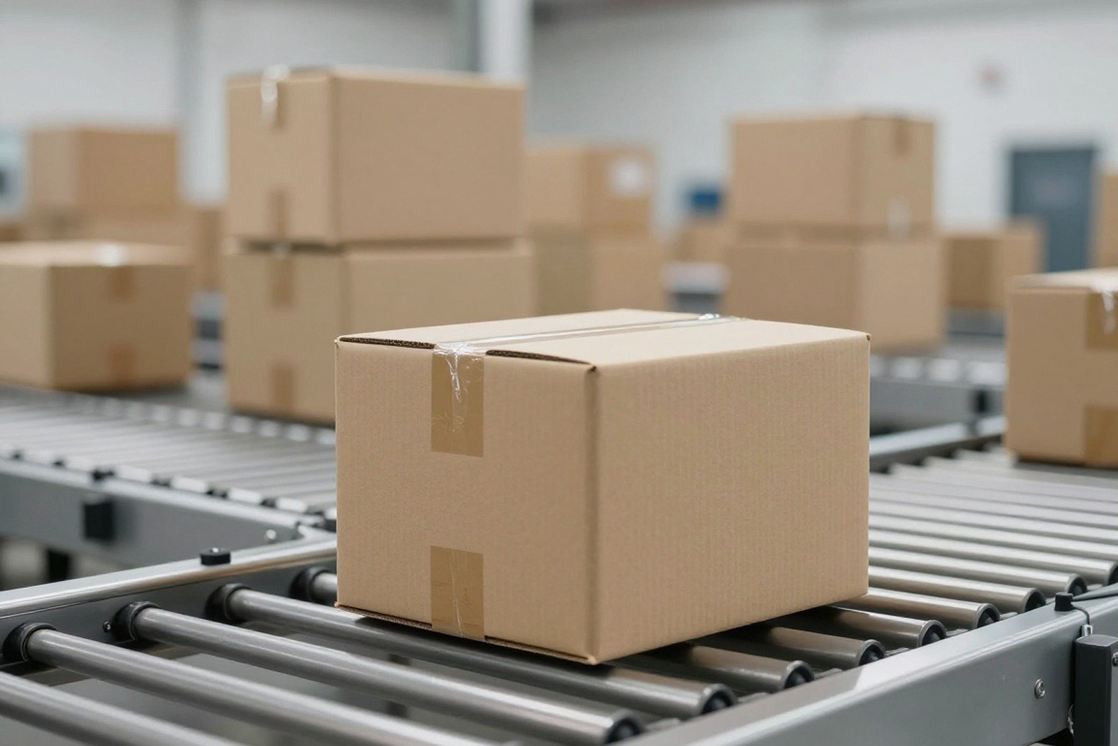 Thùng carton chuyển phát đơn lẻ di chuyển trên băng tải con lăn trong trung tâm phân phối — minh hoạ thử nghiệm ISTA 3A
