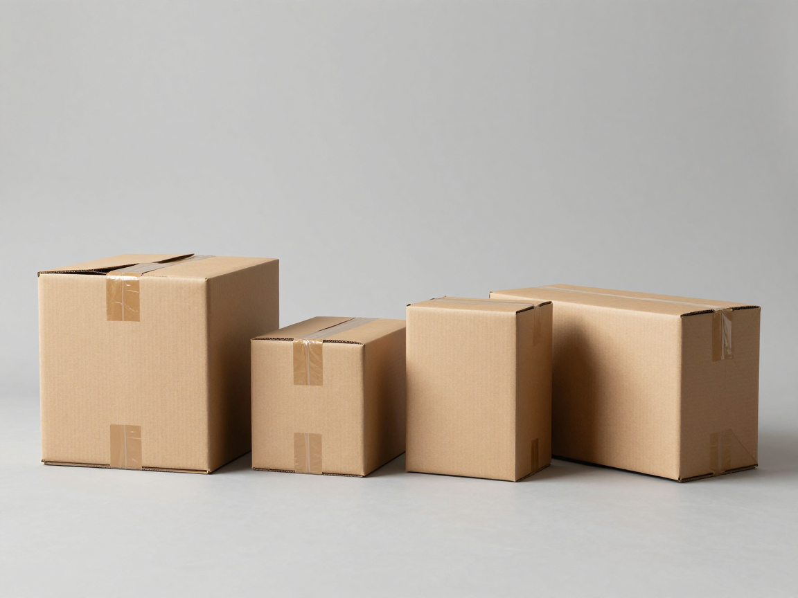 Bốn kiện carton có hình dạng khác nhau: kiện tiêu chuẩn, kiện nhỏ, kiện dẹt và kiện dài — tương ứng bốn nhóm kiện hàng của ISTA 3A