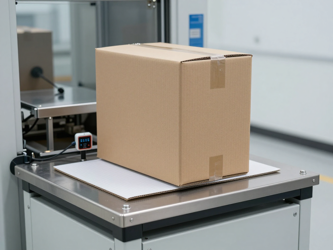 Kiện carton đặt trên bàn rung kim loại trong phòng thử nghiệm bao bì — thử rung ngẫu nhiên theo ISTA 3A