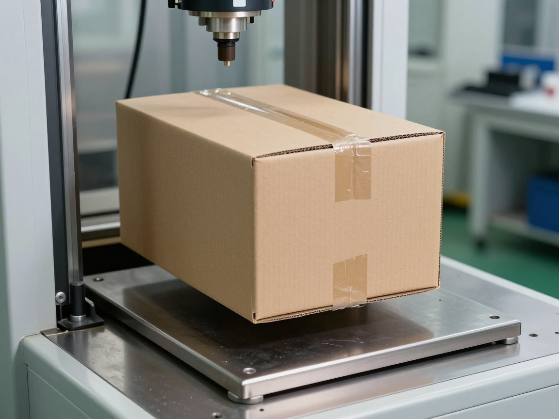 Kiện carton được đặt trên bàn thả của máy thử rơi, phía dưới là tấm nền thép chịu va đập — thử nghiệm rơi theo ISTA 3A