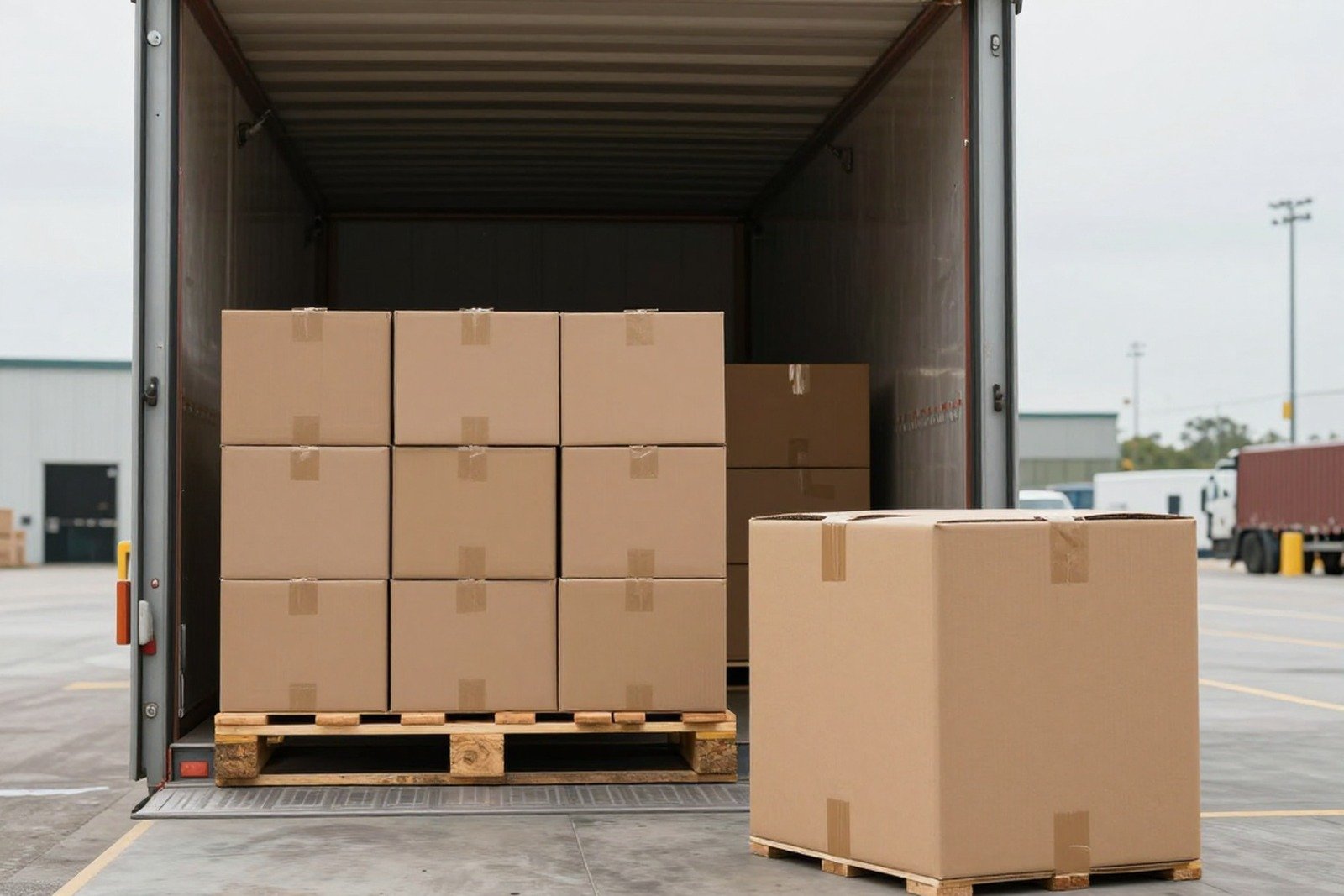 Pallet hàng và thùng carton tại bến bốc xếp có xe tải mở cửa — minh hoạ thử nghiệm ISTA 3B cho hàng ghép chuyến (LTL)