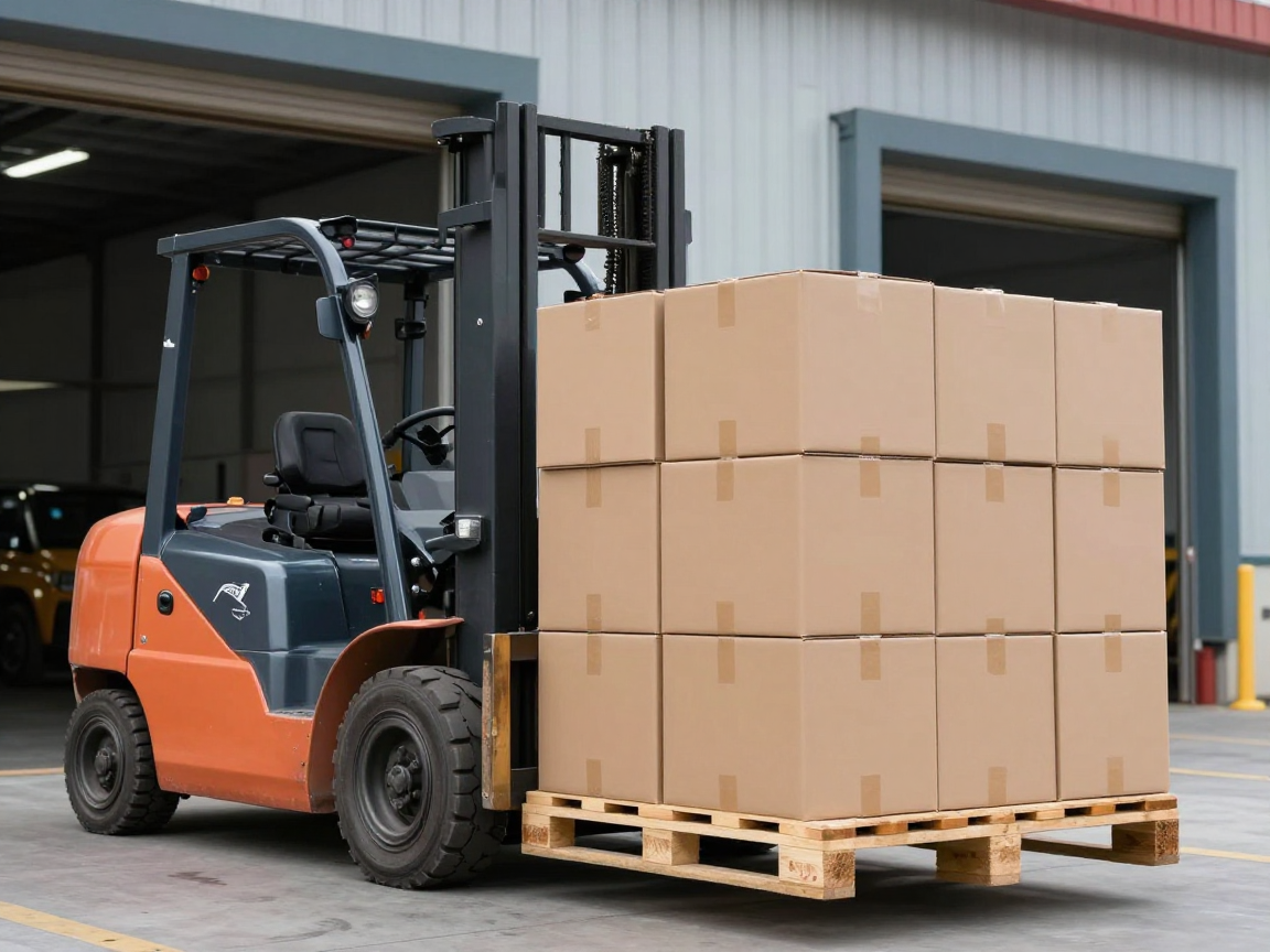 Xe nâng nâng pallet hàng quấn màng co trong kho bốc xếp — thử nghiệm xử lý bằng xe nâng theo ISTA 3B