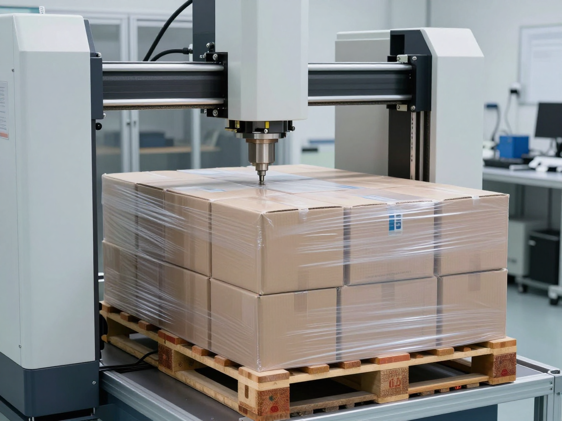 Máy thử nén tác động lực từ trên xuống lên khối hàng unit hoá quấn màng co trong phòng thử nghiệm — thử nén theo ISTA 3E