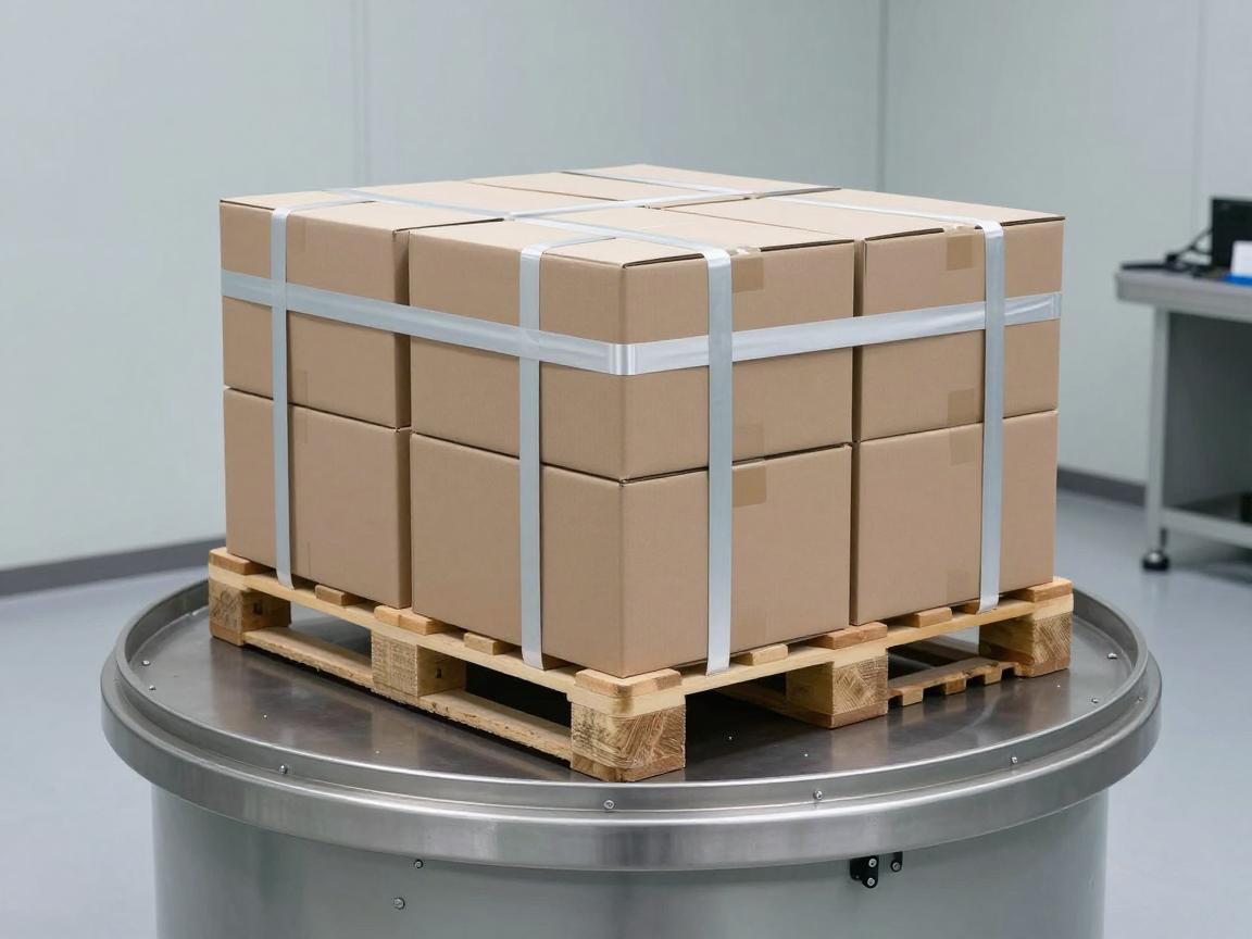 Khối hàng unit hoá đặt trên bàn rung kim loại lớn trong phòng thử nghiệm bao bì — thử rung ngẫu nhiên theo ISTA 3E