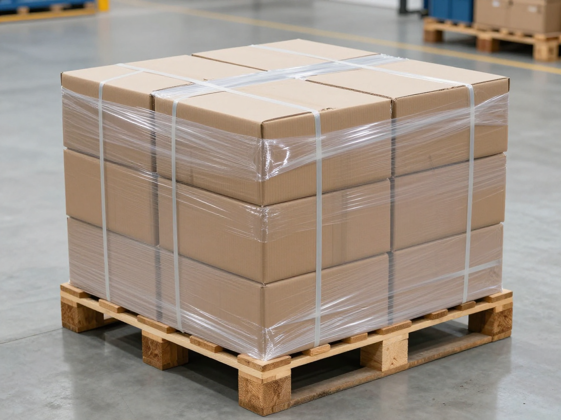 Một khối hàng unit hoá gồm pallet gỗ chở các thùng carton được quấn màng co và đai nhựa — đối tượng thử của ISTA 3E