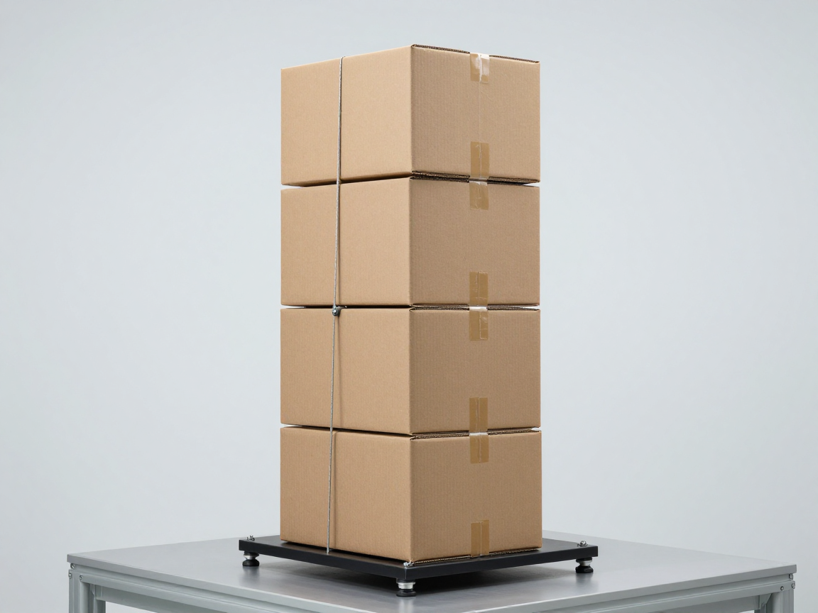Cột ba thùng carton xếp chồng được cố định bằng khung cột trên bàn rung trong phòng thử nghiệm bao bì