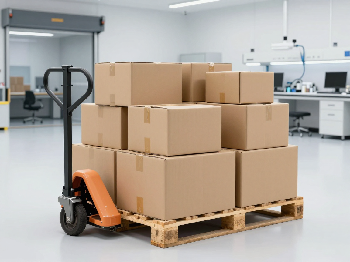 Khu vực nhận hàng của cửa hàng bán lẻ với pallet hỗn hợp gồm nhiều thùng carton và xe nâng tay bên cạnh