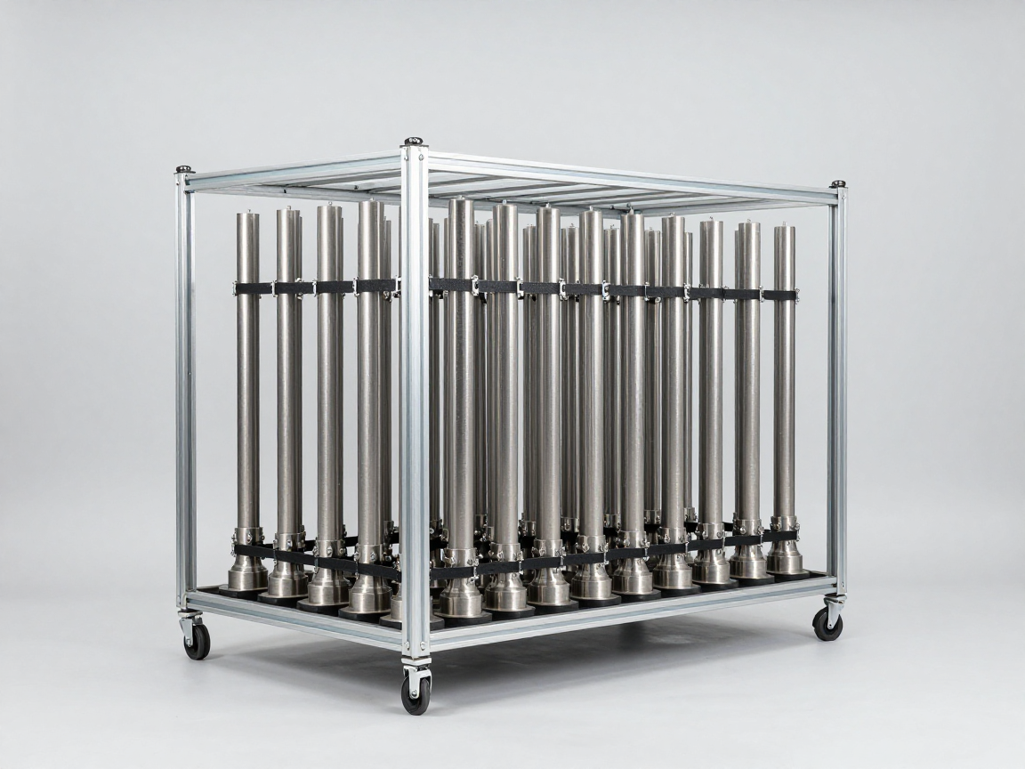 Container khung thép lớn chứa nhiều chi tiết kim loại giống nhau đặt trên bàn rung, được giữ bằng dây đai