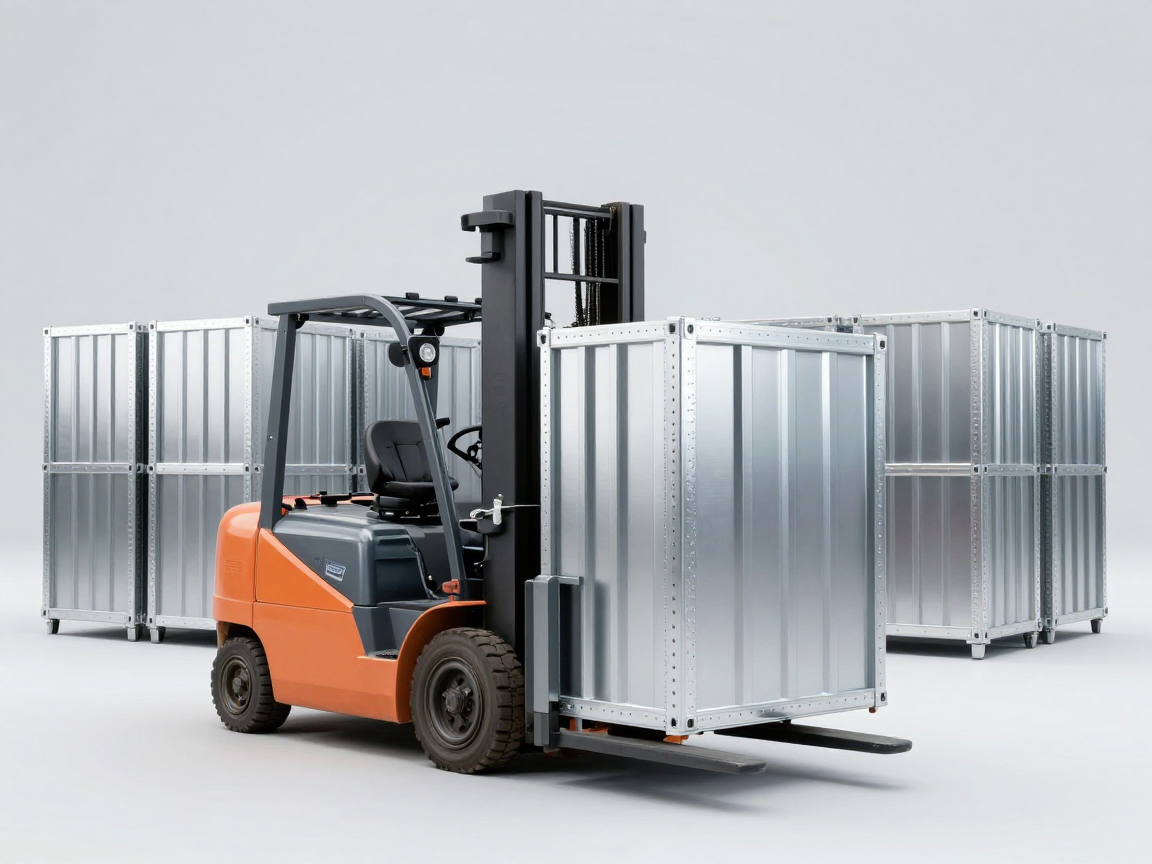 Xe nâng vận chuyển container khung thép lớn giữa hai dãy khung thép giống nhau trong kho