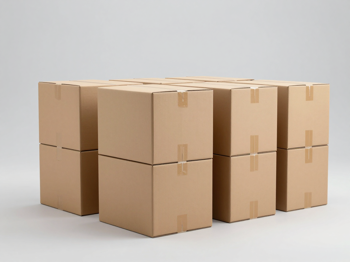Nhóm thùng carton nâu không nhãn với nhiều kích cỡ xếp trên sàn kho sạch