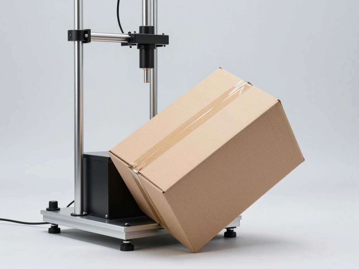 Máy thử rơi tự do trong phòng lab giữ thùng carton nâu không nhãn ở tư thế rơi góc nghiêng