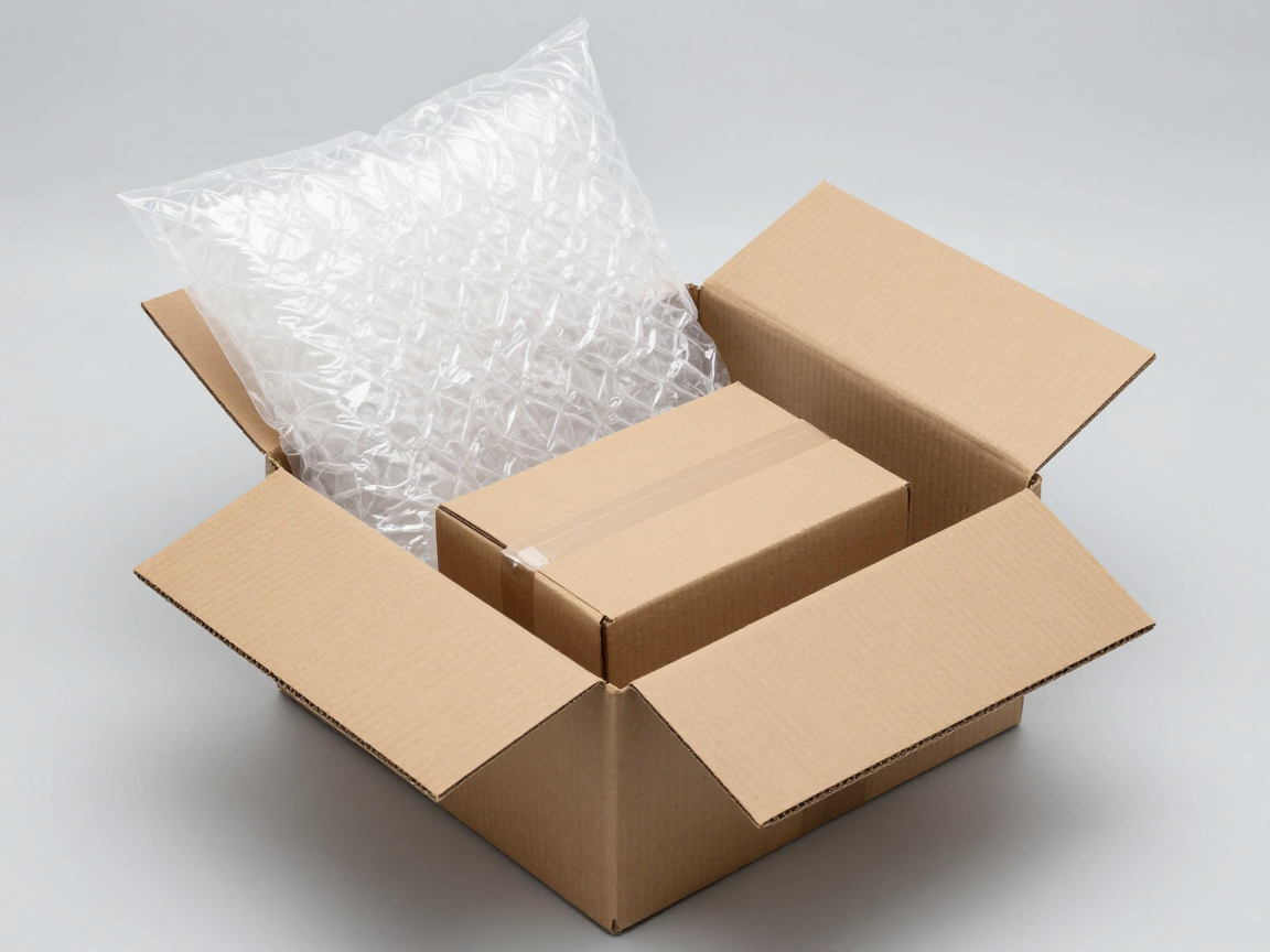 Thùng carton nâu không nhãn mở hé, bên trong có túi khí nhựa trong đệm một hộp bán lẻ nhỏ không nhãn