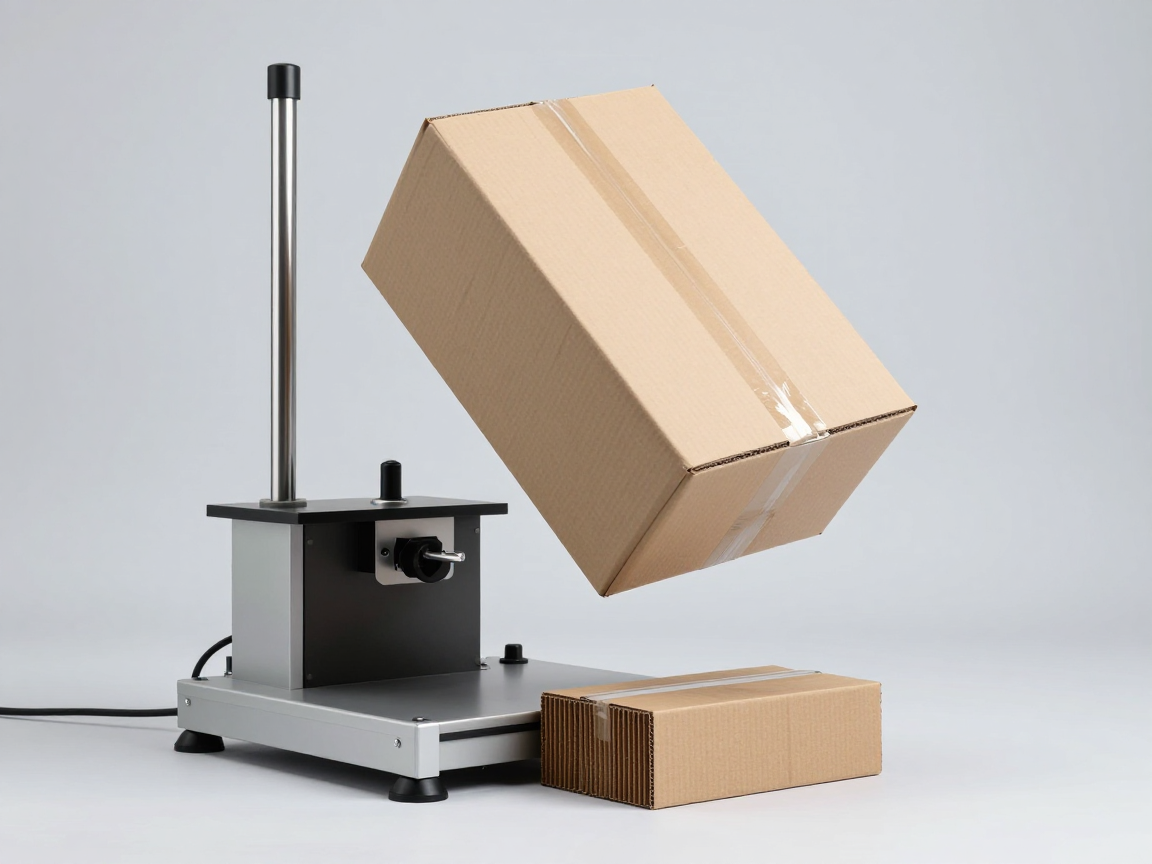 Máy thử rơi tự do trong phòng lab với thùng carton nâu không nhãn ở tư thế chuẩn bị rơi xuống một thanh gỗ nhỏ