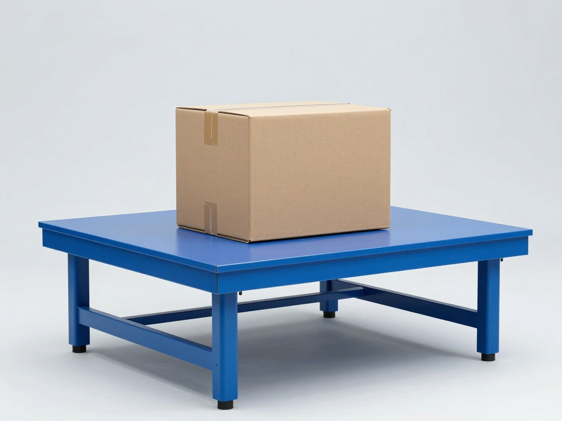Bàn rung ngẫu nhiên trong phòng lab với thùng carton nâu không nhãn đặt giữa mặt bàn