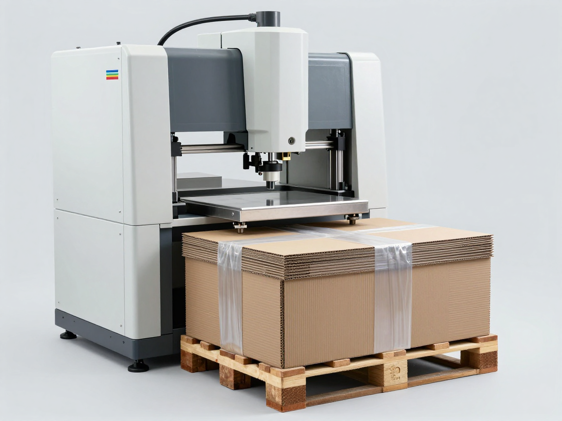 Máy nén lớn trong phòng thí nghiệm với hai bàn thép ép xuống một lô hàng trên pallet gồm các thùng carton nâu không nhãn