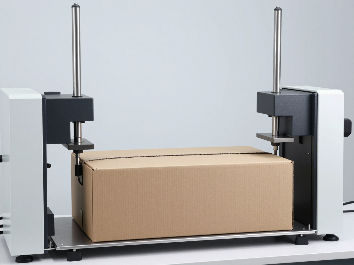Máy kẹp ngang trong phòng thí nghiệm với hai bàn kẹp lớn đang ép hai mặt bên của một thùng carton nâu không nhãn