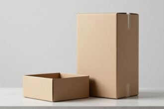 Thùng carton nâu không nhãn đặt cạnh một hộp sản phẩm nhỏ không nhãn vừa khít bên trong — ảnh bìa bài ISTA 6-AMAZON.COM SIOC