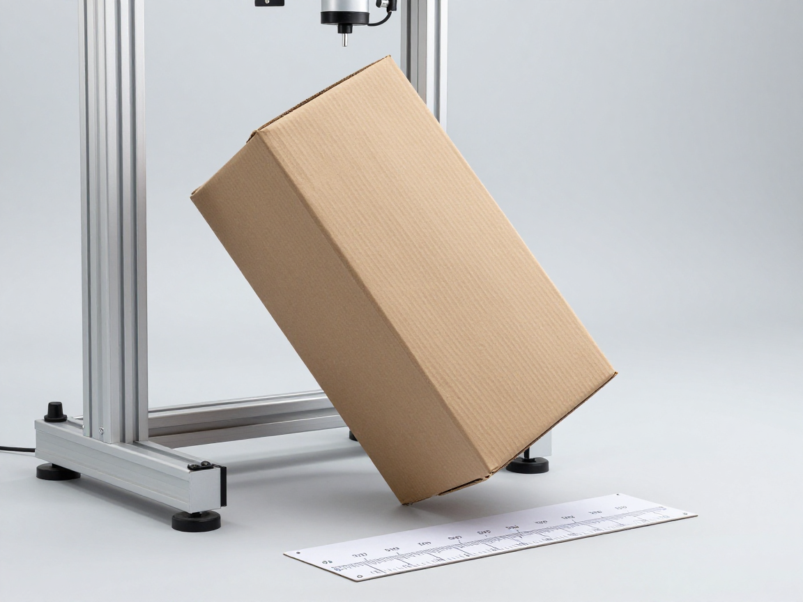 Thùng carton nâu không nhãn được giữ ở góc nghiêng trên bàn thử rơi có thang đo chiều cao trong phòng thí nghiệm bao bì