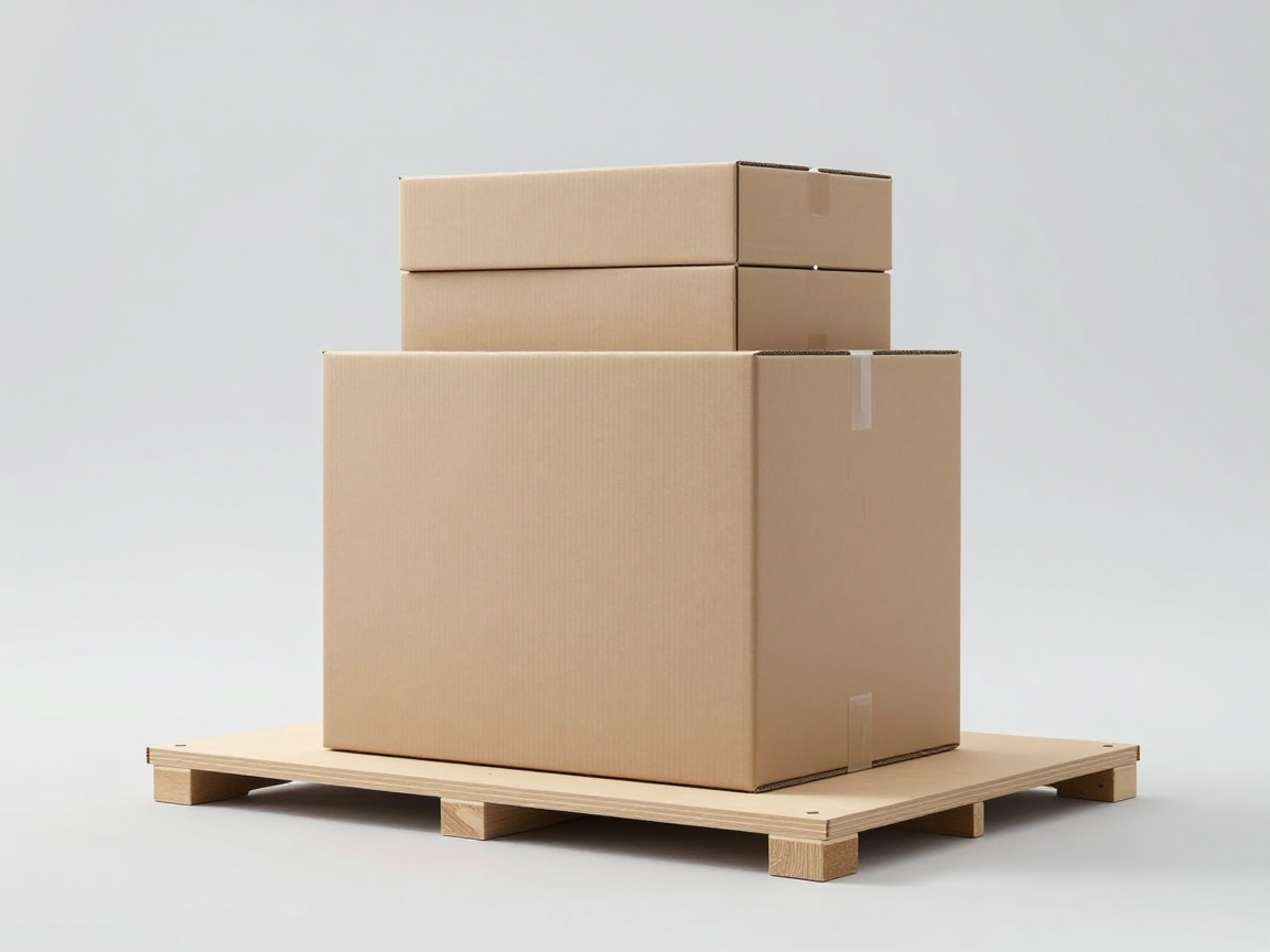 Thùng carton nâu không nhãn đặt giữa bàn rung với tấm plywood chia tải và chồng thùng không nhãn phía trên làm khối tải trên