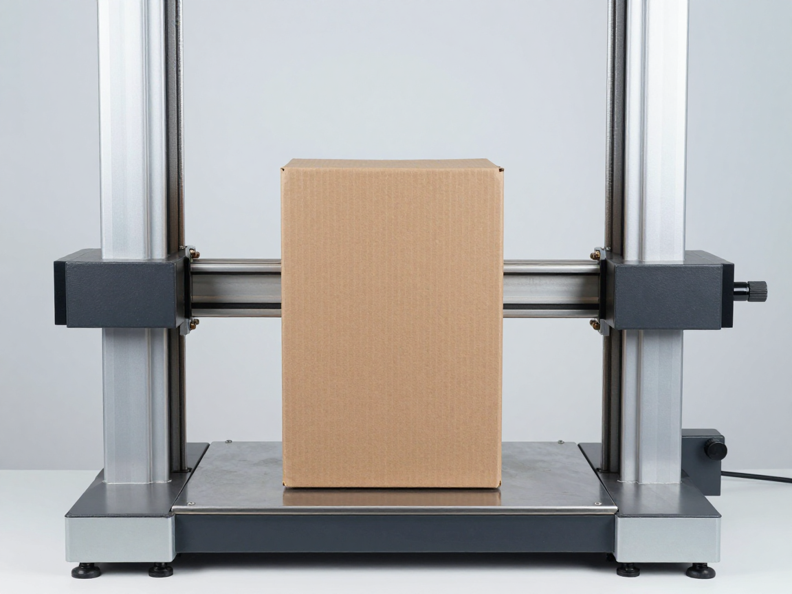 Thùng carton nâu không nhãn bị kẹp giữa hai tấm platen thép lớn của máy kẹp nén trong phòng thí nghiệm