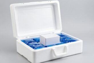 Thùng vận chuyển cách nhiệt xốp trắng mở nắp trên bàn phòng thí nghiệm với các túi gel lạnh màu xanh xếp quanh một hộp carton nhỏ không nhãn — ảnh bìa bài ISTA 7D