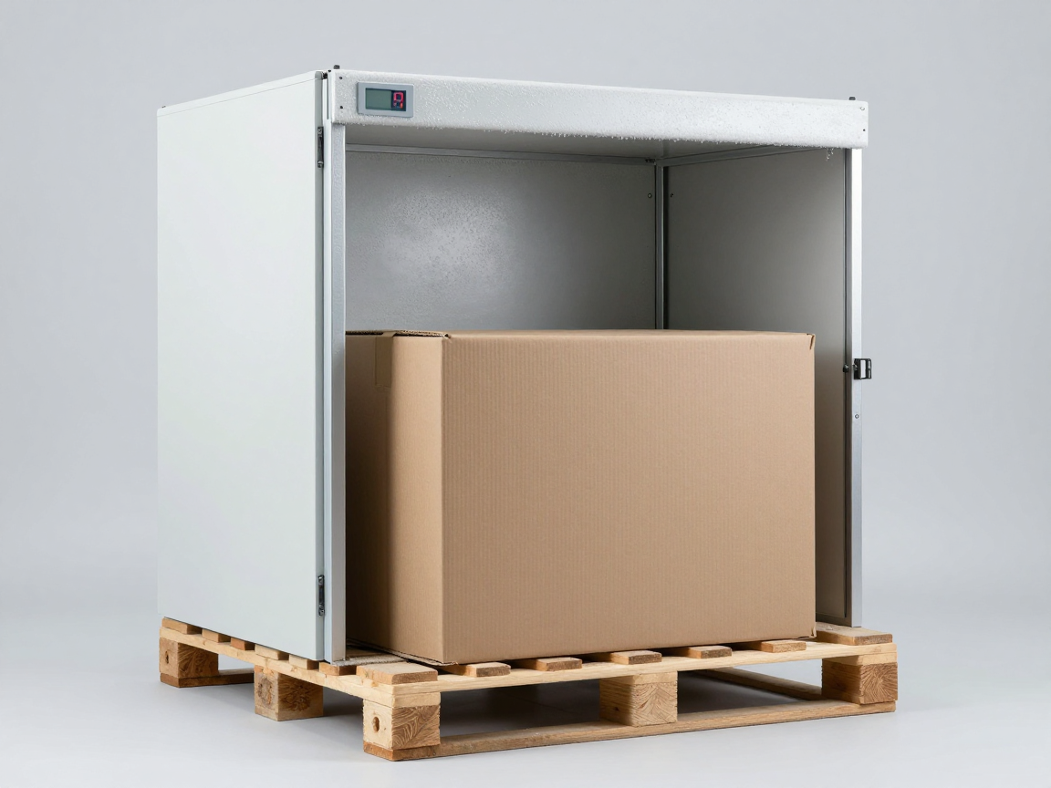 Thùng carton nâu không nhãn trên pallet gỗ bên trong buồng thử nhiệt độ lớn với sương giá trên tường và màn hình nhiệt độ nhỏ