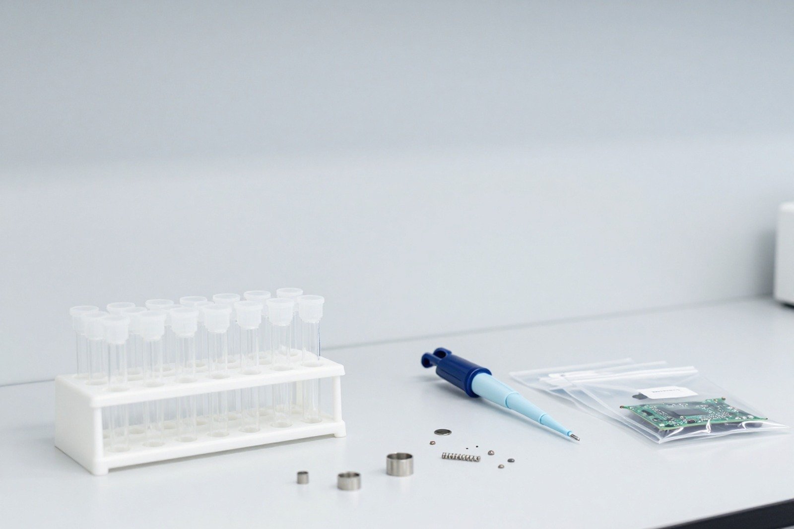 Bàn thí nghiệm phân tích nguyên tố với giá lọ mẫu, pipet, chi tiết kim loại nhỏ và mảnh bo mạch trong túi mẫu — ảnh bìa bài 10 chất bị hạn chế theo RoHS