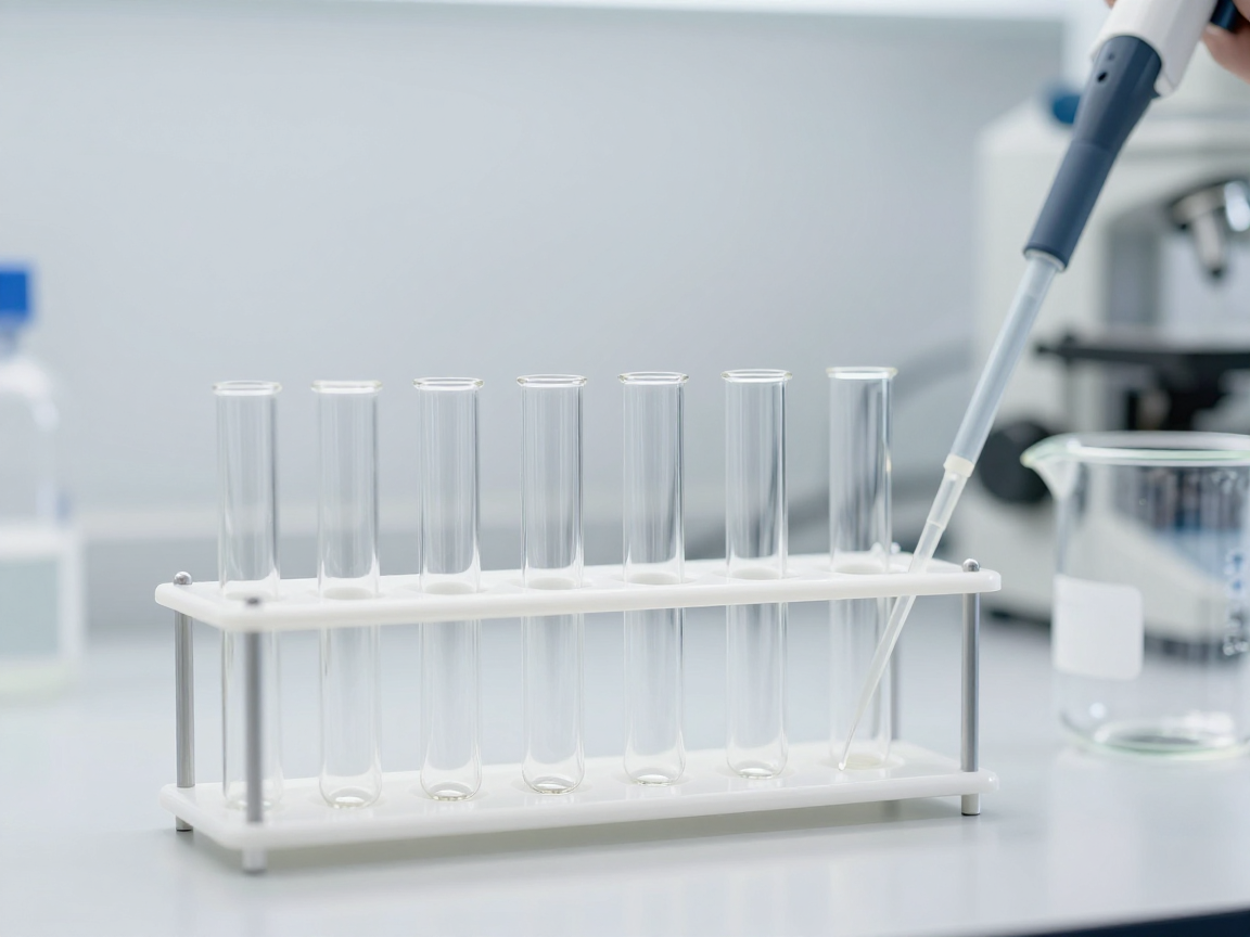 Các lọ mẫu thuỷ tinh đặt trên giá trong phòng thí nghiệm hoá học bên cạnh pipet