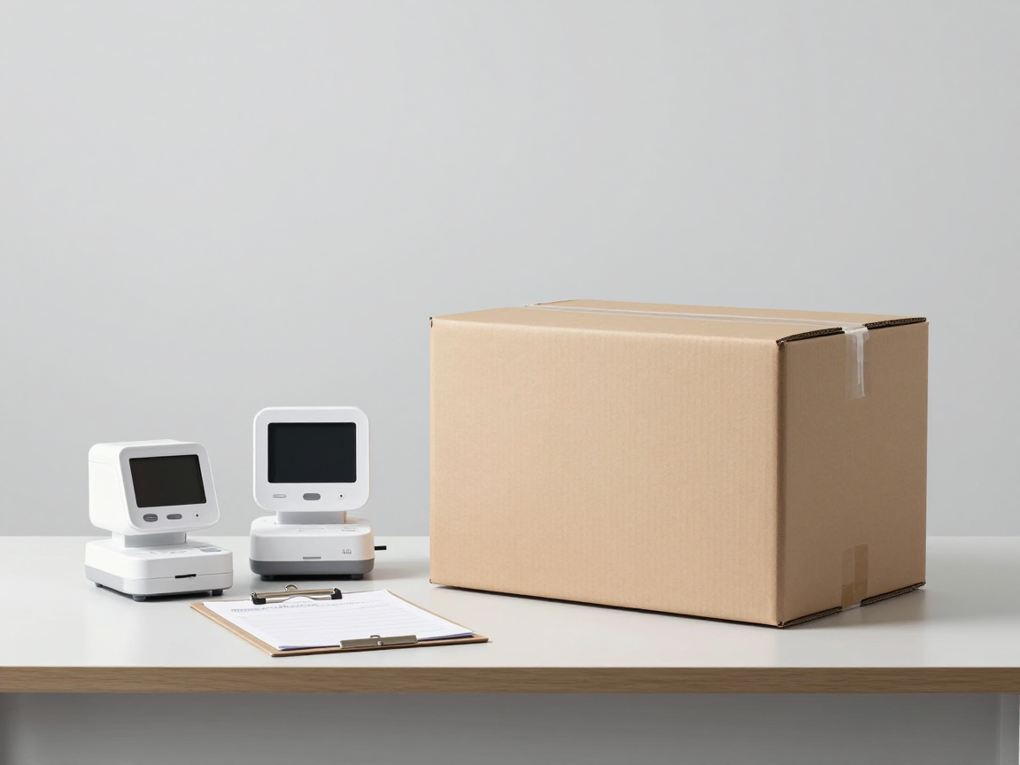 Sản phẩm điện tử nhỏ đặt cạnh thùng carton và bảng kiểm tra trên bàn đóng gói