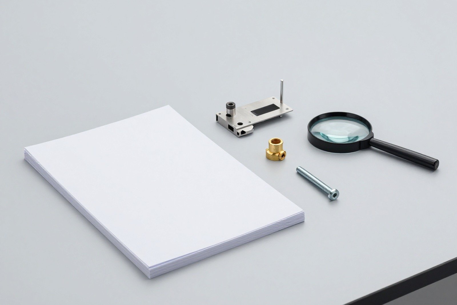 Hồ sơ in ra và các chi tiết điện tử đã tháo rời cùng phụ tùng đồng thau, bu lông thép, kính lúp trên bàn thí nghiệm — ảnh bìa bài miễn trừ RoHS Phụ lục III