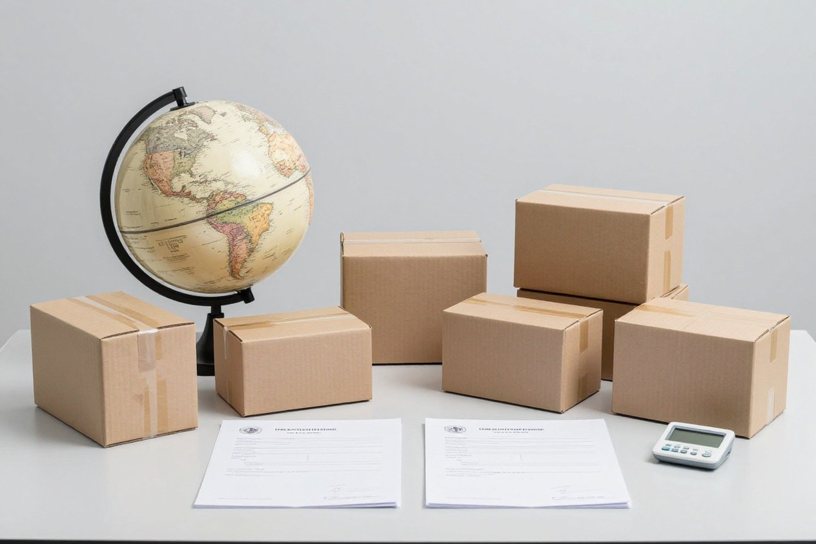 Bàn hồ sơ xuất khẩu với quả địa cầu trơn, các thùng carton không nhãn và bộ chứng từ để trống — ảnh bìa bài đối chiếu RoHS 6 thị trường
