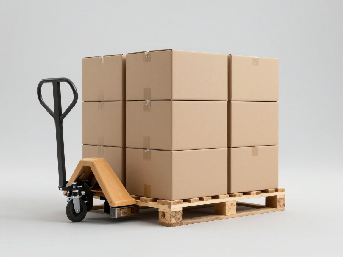 Kho xuất hàng với các thùng carton trơn trên pallet và xe nâng ở hậu cảnh, không có chữ hay logo