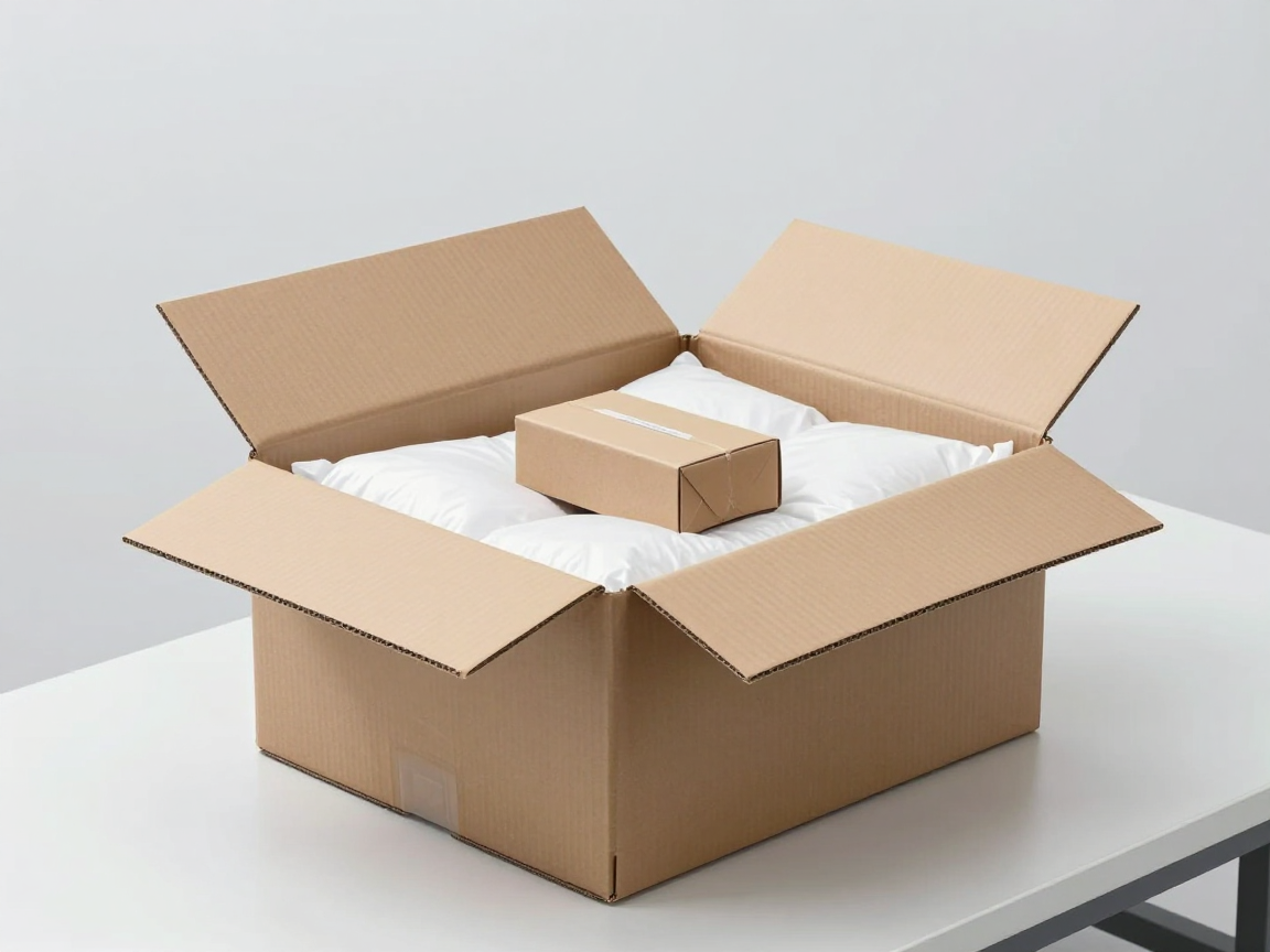 Hộp carton nâu lớn không nhãn đang mở, bên trong có túi khí chèn và một hộp sản phẩm nhỏ không nhãn