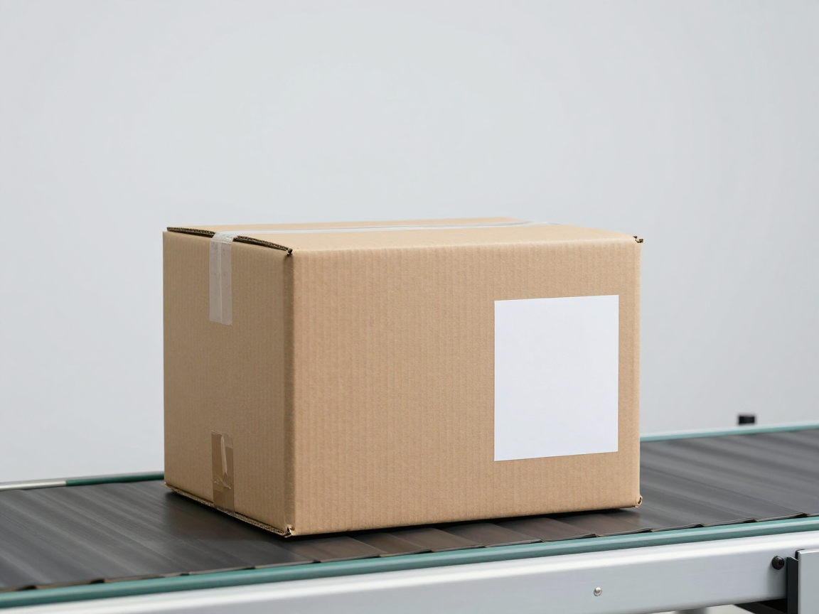 Thùng carton nâu không nhãn có dán nhãn vận chuyển đặt một mình trên băng tải trong kho