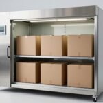 Bên trong buồng điều hoà khí hậu với các thùng carton nâu không nhãn trên giá kim loại và màn hình hiển thị nhiệt độ, độ ẩm — ảnh bìa điều hoà khí hậu trước khi thử bao bì