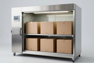 Bên trong buồng điều hoà khí hậu với các thùng carton nâu không nhãn trên giá kim loại và màn hình hiển thị nhiệt độ, độ ẩm — ảnh bìa điều hoà khí hậu trước khi thử bao bì