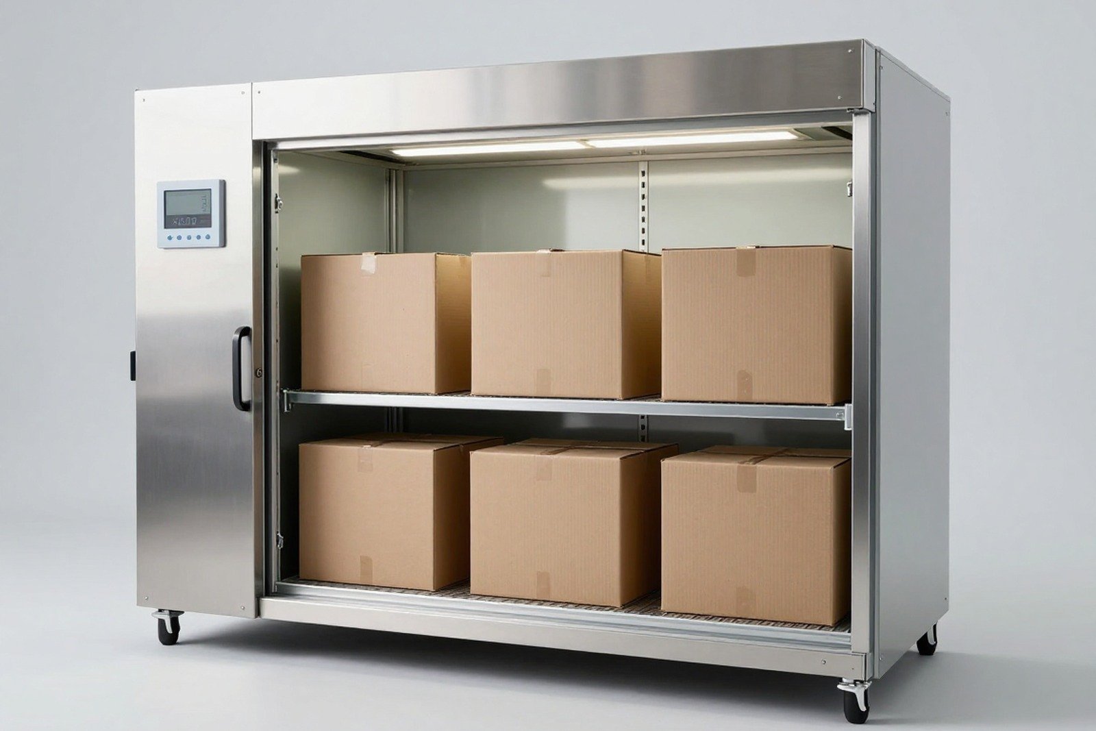 Inside the climate control chamber with unlabeled brown cartons on metal shelves and temperature and humidity display — climate control cover photo before testing the packaging