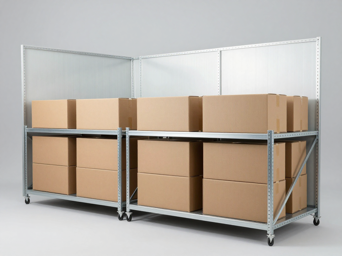 Các thùng carton nâu không nhãn xếp trong phòng điều hoà khí hậu với tường kim loại và màn hình hiển thị nhiệt độ độ ẩm
