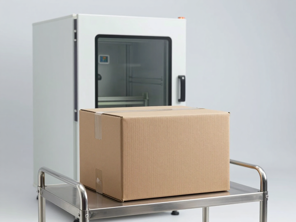 Thùng carton nâu không nhãn vừa được lấy ra khỏi buồng điều hoà, có màn hình nhiệt độ độ ẩm phía sau