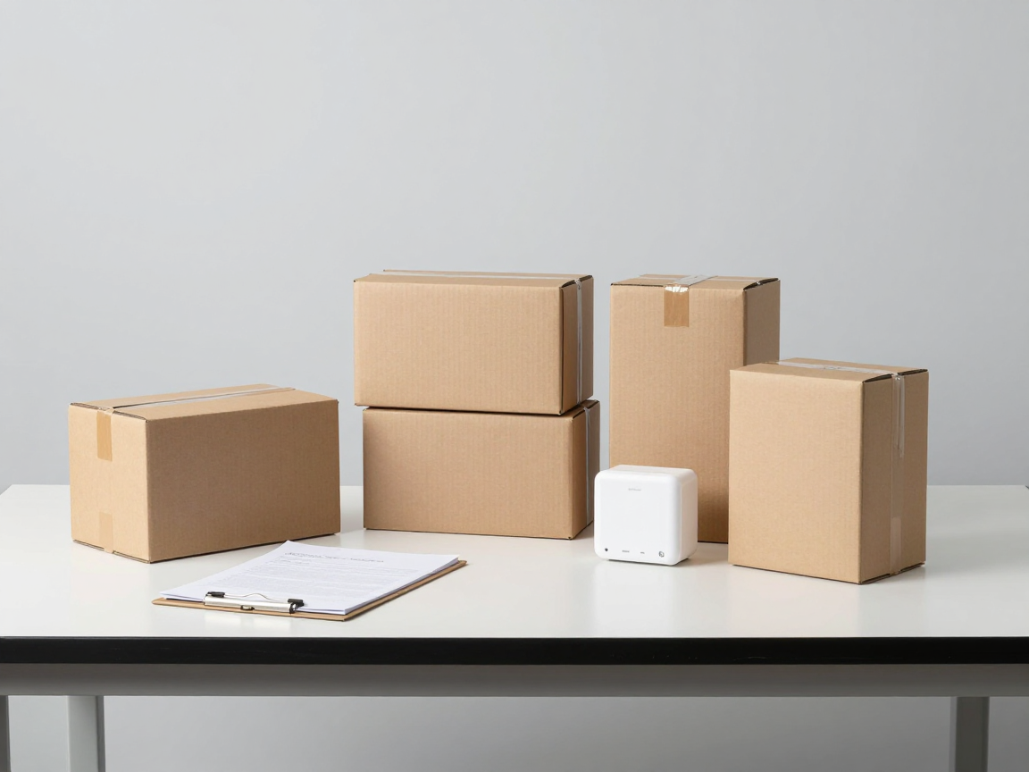 Các sản phẩm điện tử nhỏ xếp trong thùng carton cùng hồ sơ kiểm tra trên bàn