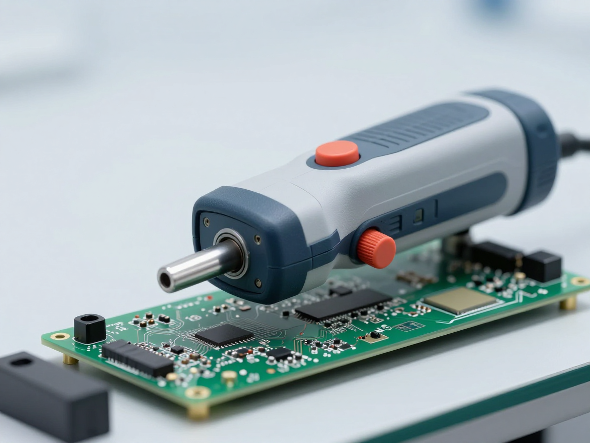 Máy XRF cầm tay đặt trên bo mạch điện tử màu xanh trong phòng thí nghiệm